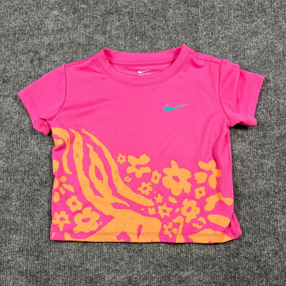 Nike Dri Fit Wild Flower Tempo T Shirt Kids Small Pink Swoosh Logo Round Neck